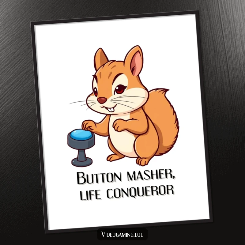 Funny Free Printable Wall Art: A determined squirrel intensely mashing virtual buttons on a game controller, capturing gamer energy.