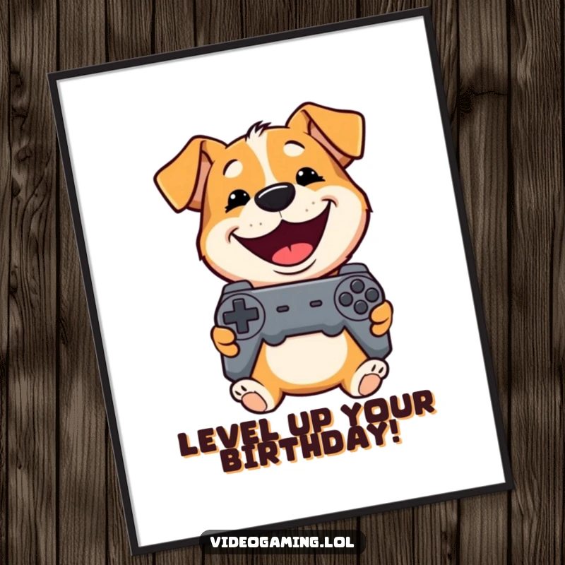 Funny free printable wall art: A playful dog grins widely while holding a video game controller.