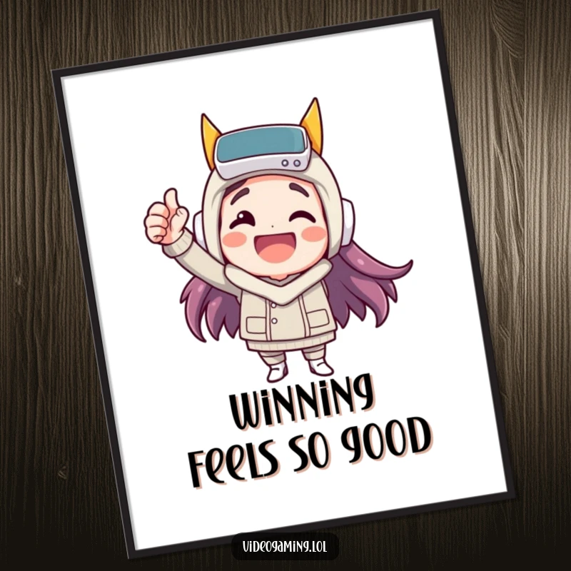 Funny Free Printable Wall Art of a happy character triumphantly fist-pumping, celebrating a virtual victory with infectious joy.