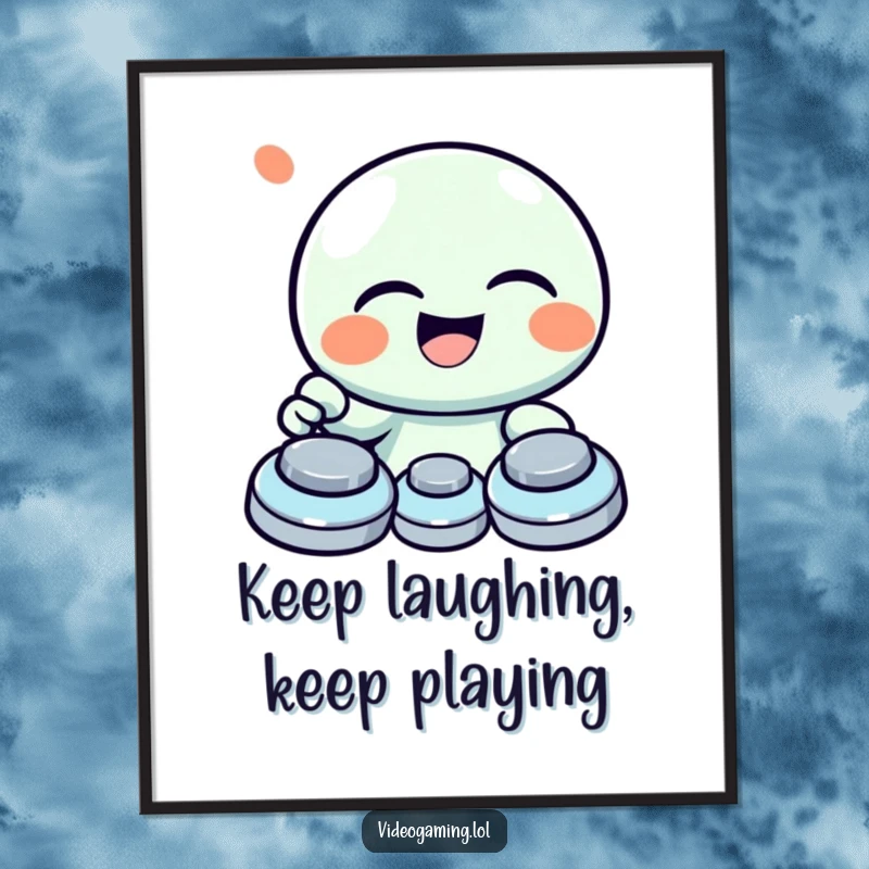 Funny Free Printable Wall Art: A character laughs heartily, eyes crinkled, while energetically mashing buttons with pure, unbridled happiness.