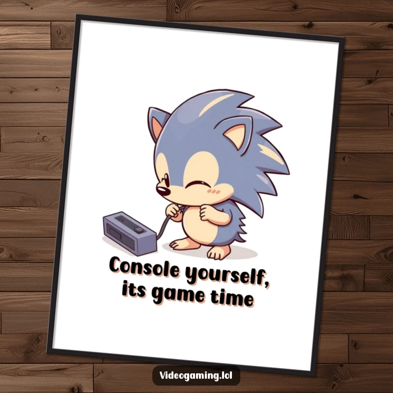 Funny Free Printable Wall Art: A curious hedgehog attempts to plug in a console cable, creating a humorous downloadable art piece.