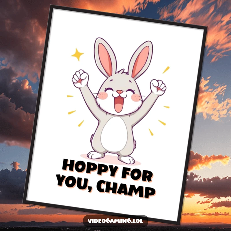 Funny Free Printable Wall Art: A bunny striking a proud, triumphant pose, celebrating victory, vibrant downloadable decor.