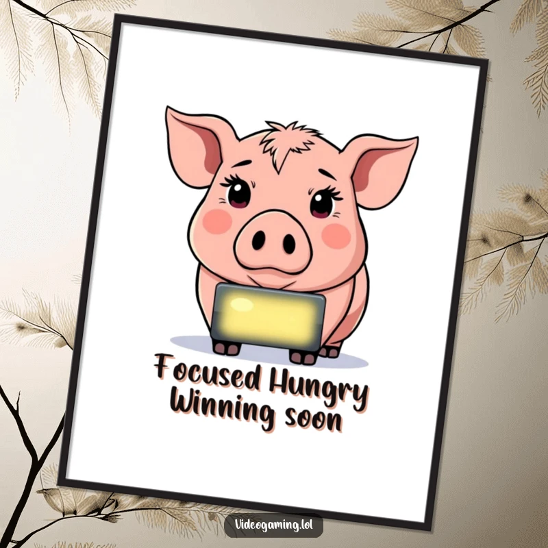 Funny Free Printable Wall Art: A determined pig's intense stare fixed on a bright, glowing screen, embodying gamer focus.