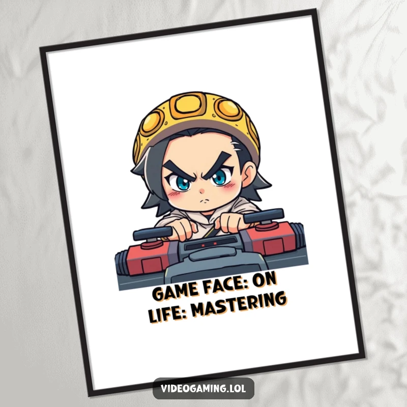 Funny Free Printable Wall Art: Determined character intensely focused on a fast-paced game, radiating competitive spirit and drive.