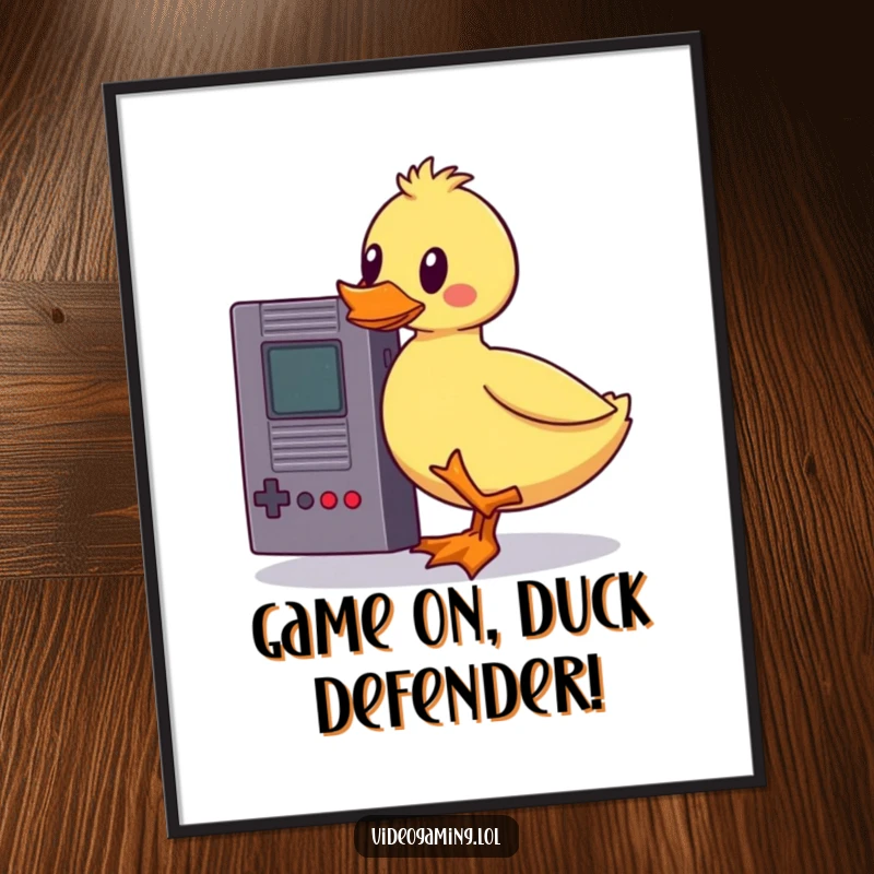 Funny free printable wall art featuring a wobbly duck hilariously trying to balance a vintage game cartridge, an instant conversation starter.