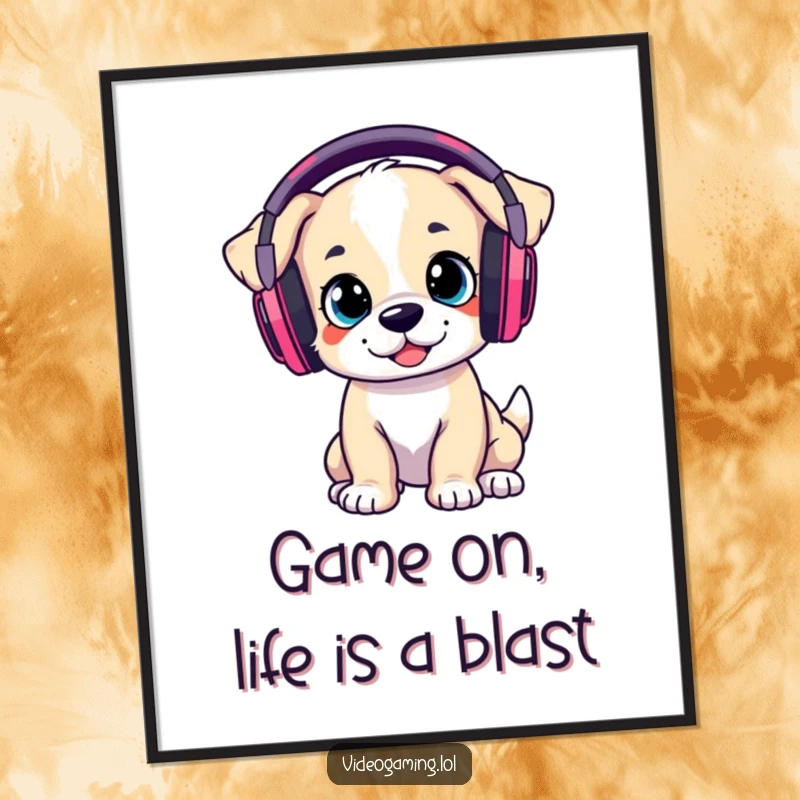 Funny Free Printable Wall Art: A playful puppy wears huge gaming headphones, looking intensely at a screen.