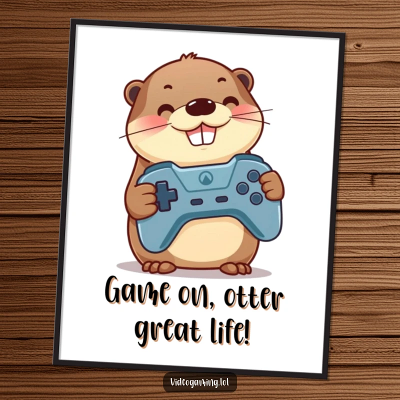 Funny Free Printable Wall Art: A proud otter holding a game controller, grinning widely, perfect for a gamer's sanctuary.