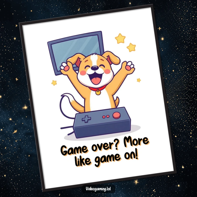 Funny Free Printable Wall Art: Playful dog celebrating a video game win with a triumphant jump, controller in paw.