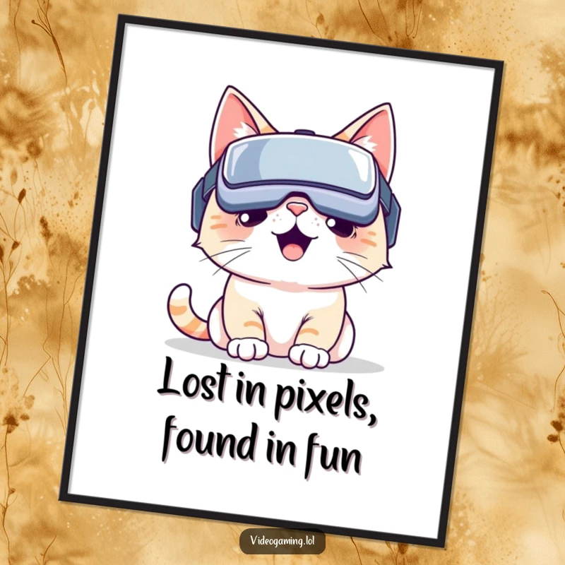 Funny Free Printable Wall Art: Smiling cat immersed in a vibrant virtual world via VR headset, looking amazed.