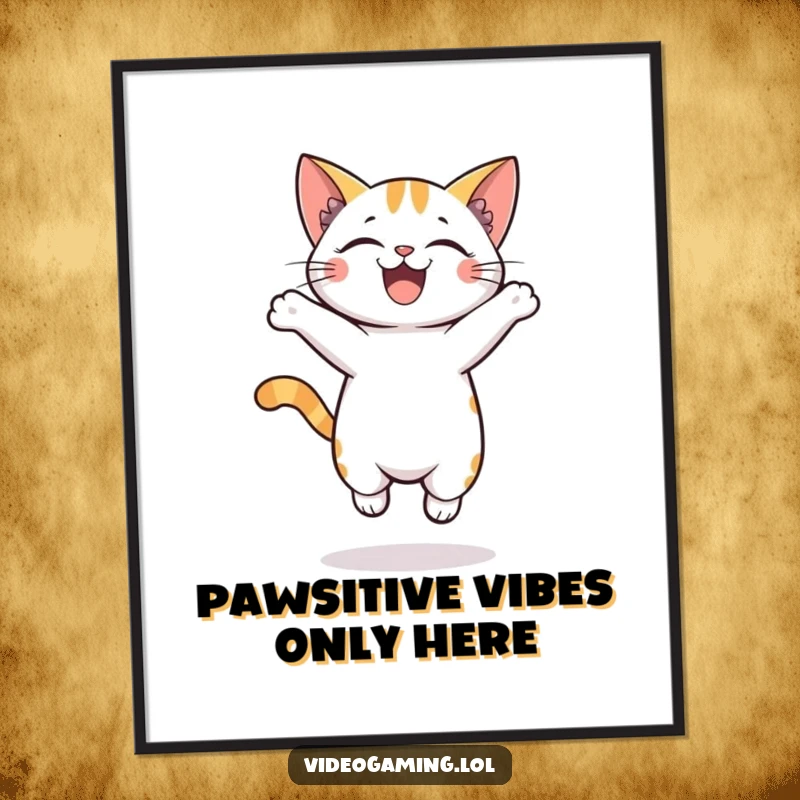 Funny Free Printable Wall Art: A happy cat leaping with uncontrollable excitement, vibrant downloadable decor for a playful atmosphere.