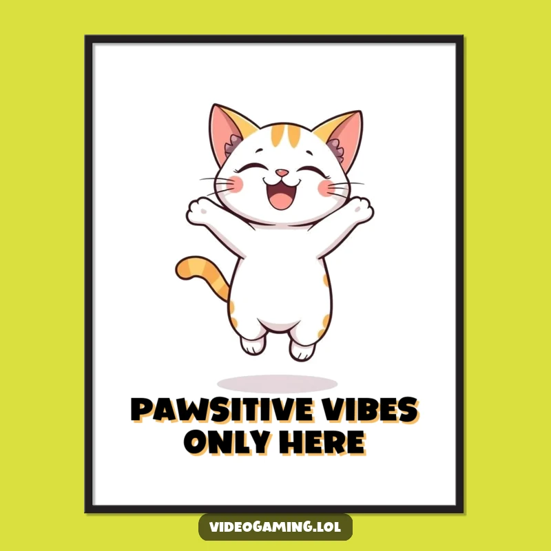 Free Printable Wall Art: Jumping Cat Joy, Humorous Downloadable Decor for Cat Lovers