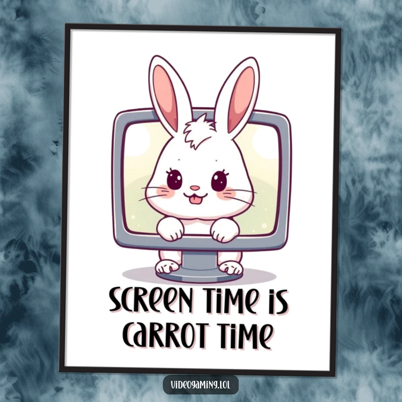 Funny Free Printable Wall Art: A cheerful rabbit glued to a glowing computer monitor, humorous gaming room decor.