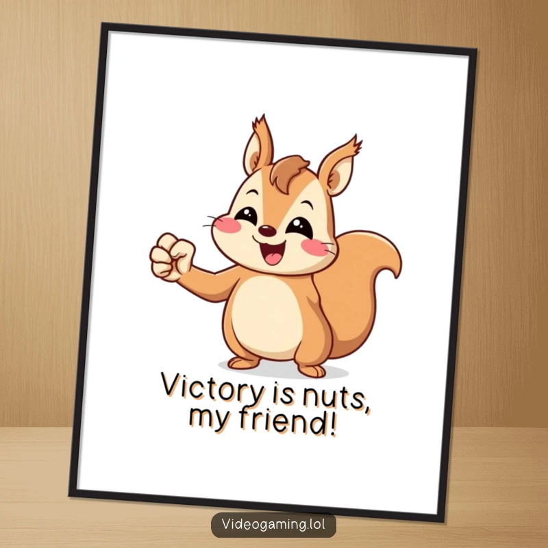Funny free printable wall art: A cheerful squirrel pumps its fist enthusiastically in victory.