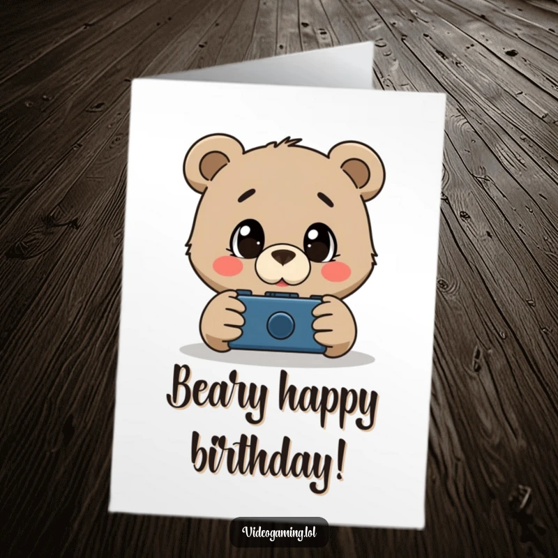 Funny Free Printable Birthday Card: A curious bear mesmerized by video game screen, wide-eyed wonder, perfect for gamers.