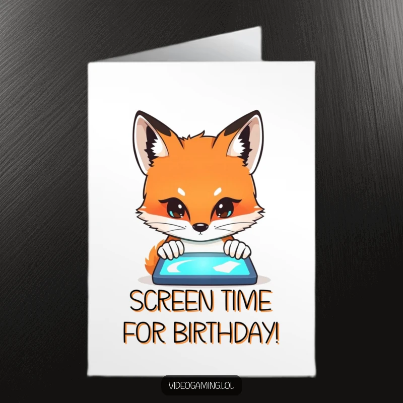 Funny Free Printable Birthday Card: Curious fox with wide eyes staring intently at a bright glowing phone screen, humorous.