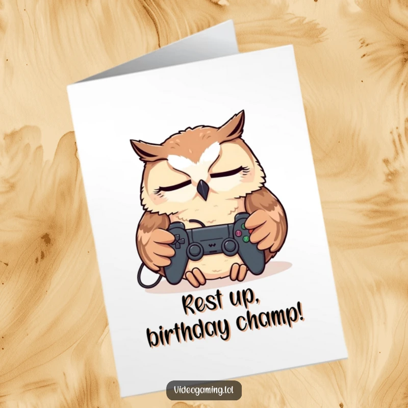 Funny Free Printable Birthday Card: A sleepy owl napping soundly with a video game controller on its chest, dreaming of victory.
