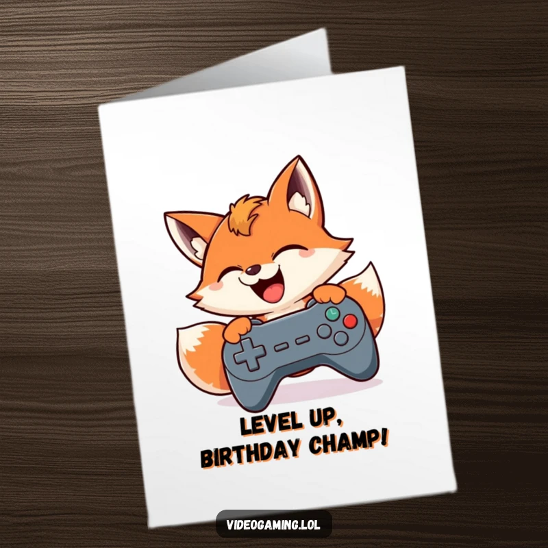 Funny Free Printable Birthday Card: Smiling fox intensely mashing game controller buttons, celebrating a birthday, downloadable for gamers.