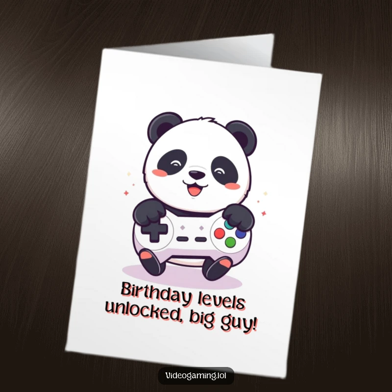 Funny Free Printable Birthday Card: Panda rapidly mashing controller buttons, deep in a gaming session.