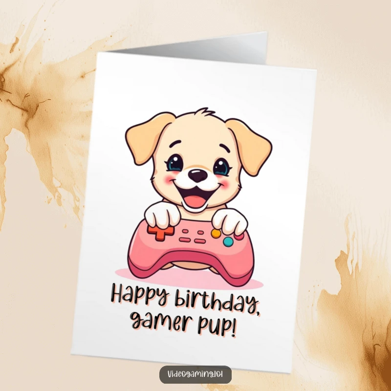 Funny Free Printable Birthday Card: Delighted puppy mashing buttons on a colorful video game controller, pure gaming joy.