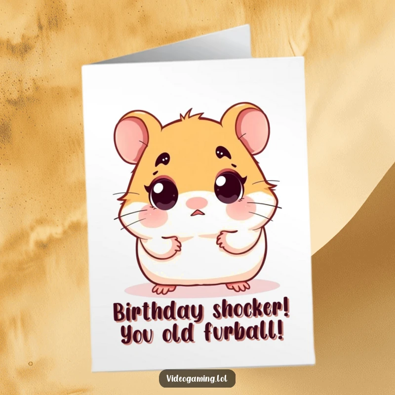 Funny Free Printable Birthday Card: Hamster with wide eyes, staring at a screen in utter surprise.