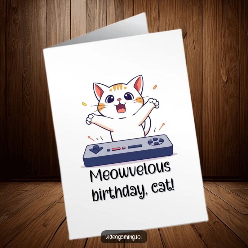 Funny Free Printable Birthday Card: Surprised cat leaping back from a screen, reacting to a very fast game.