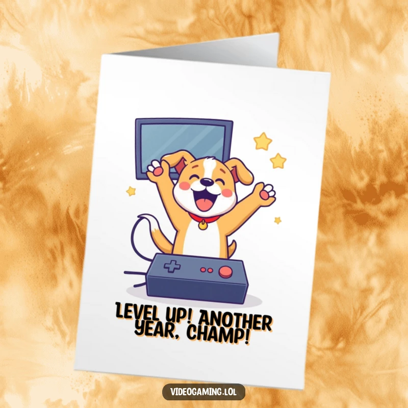 Funny Free Printable Birthday Card: Joyful dog with controller, jumping in victory, celebrating a video game win.