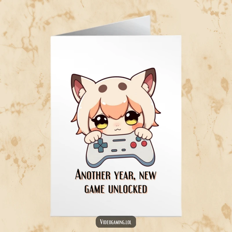 Funny Free Printable Birthday Card: Curious character intensely focuses on a game controller, ready for epic virtual adventures.