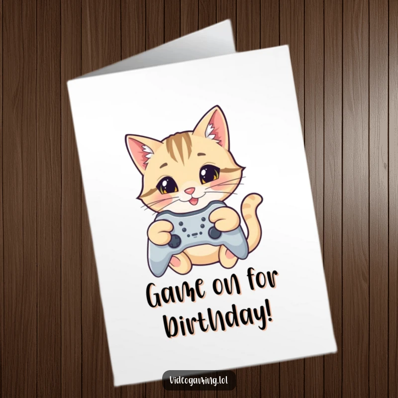 Funny Free Printable Birthday Card: A happy cat intently focused on a game controller, smiling with determination.