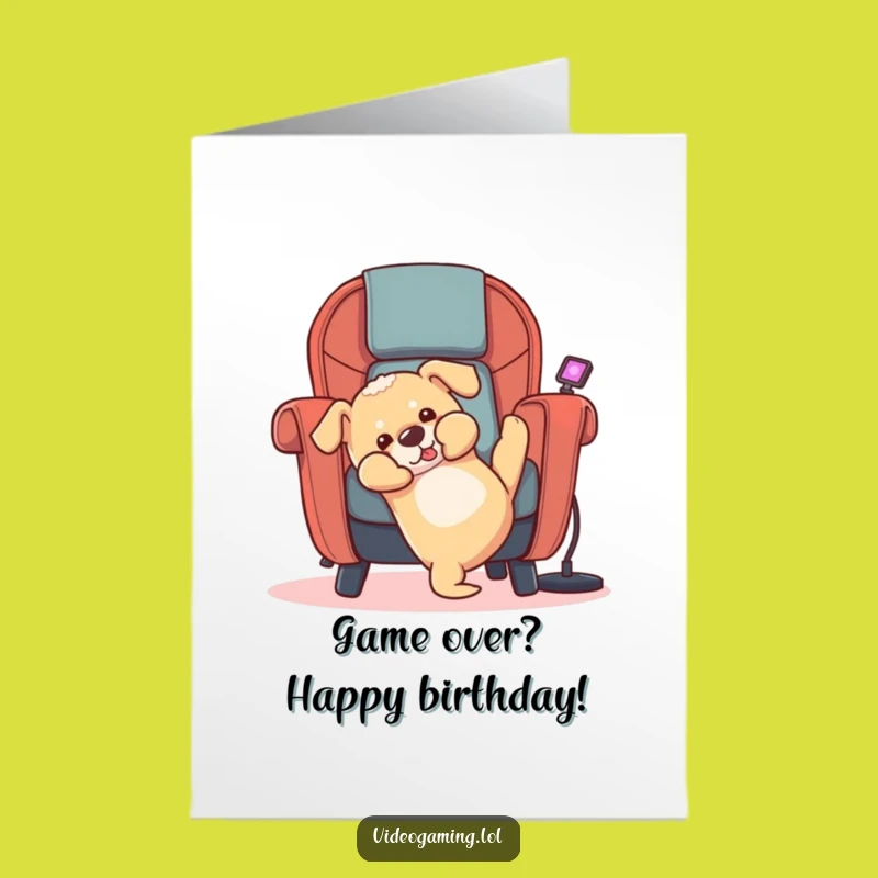 Free Printable Funny Puppy Birthday Card: Gamer Dog Tumbles Hilariously. Downloadable Fun!