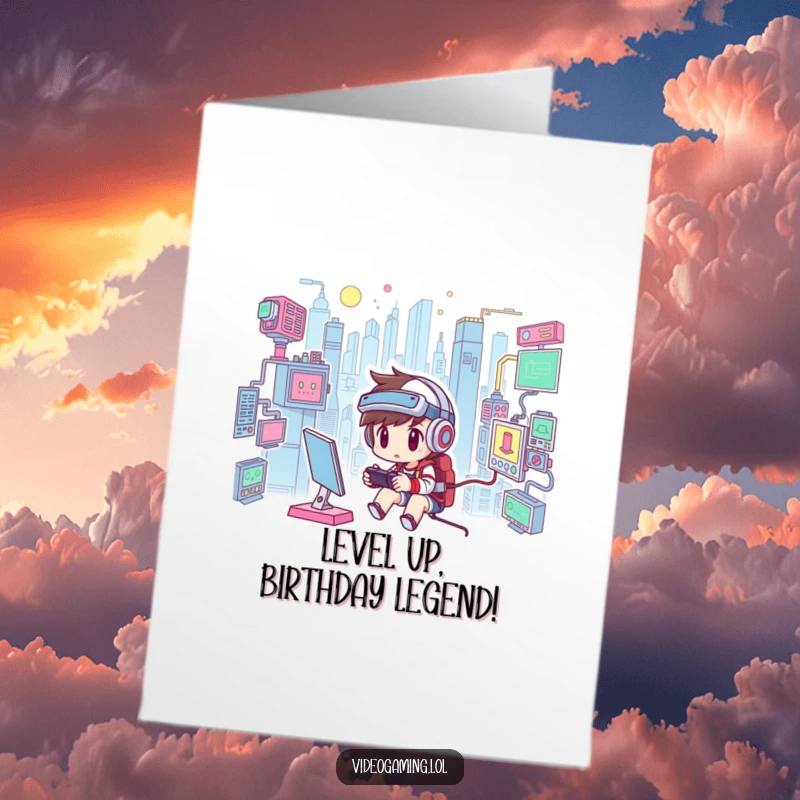 Funny Free Printable Gamer Birthday Card: Determined character battles virtual world with controller, ready for a laugh.