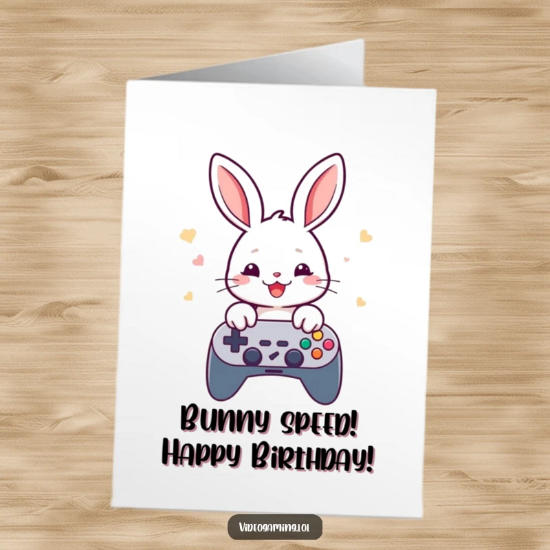 Funny Free Printable Birthday Card: Cheerful rabbit rapidly tapping game controller buttons, full of gaming excitement.