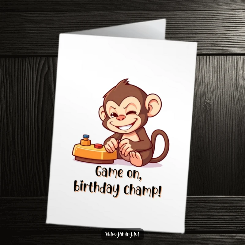 Funny Free Printable Birthday Card: Mischievous monkey smirking while intensely playing a video game, ready to download.