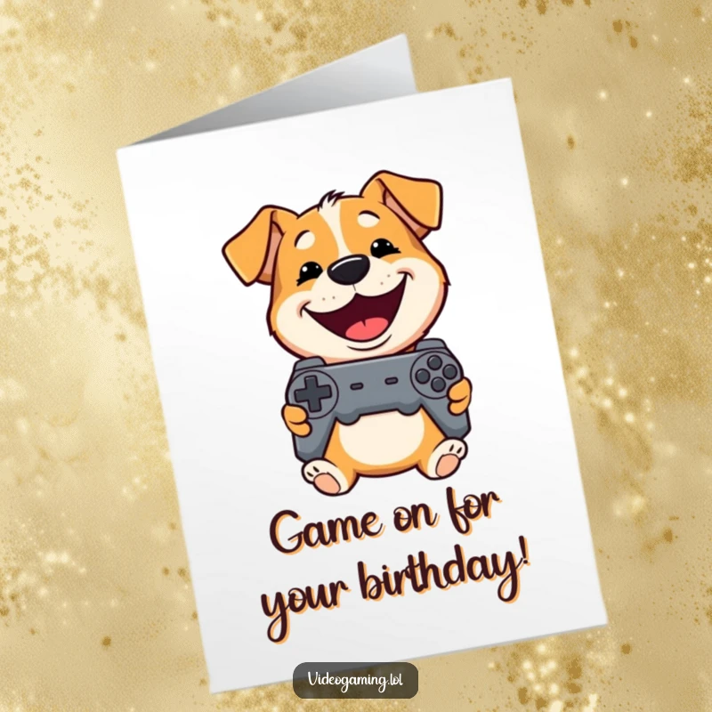 Funny free printable birthday card: Playful dog grins widely while holding a video game controller, wishing you a happy birthday.