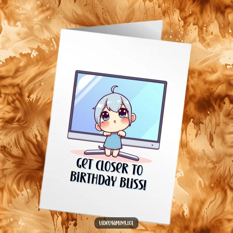 Funny Free Printable Birthday Card: Curious character leaning intently towards a large monitor, full of anticipation.