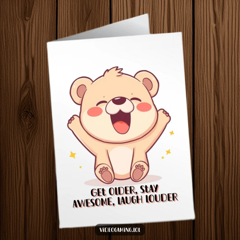 Funny Free Printable Birthday Card: Bear cub giggling at a pixelated character's gaming win, pure comedic delight.
