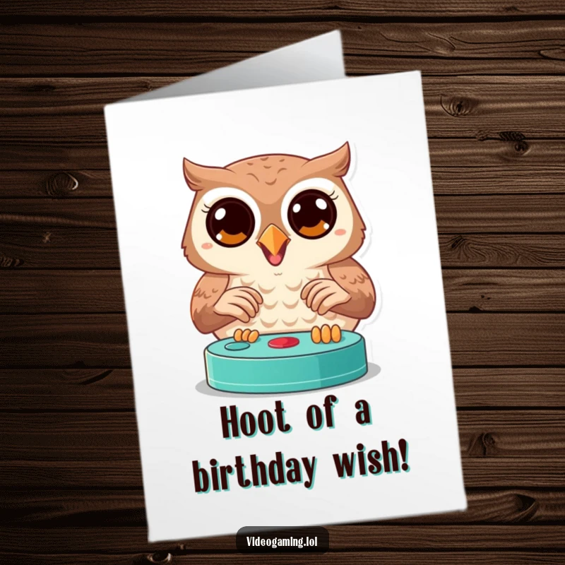 Funny Free Printable Birthday Card: Joyful owl intensely plays video games, eyes wide with focus, ready to win.