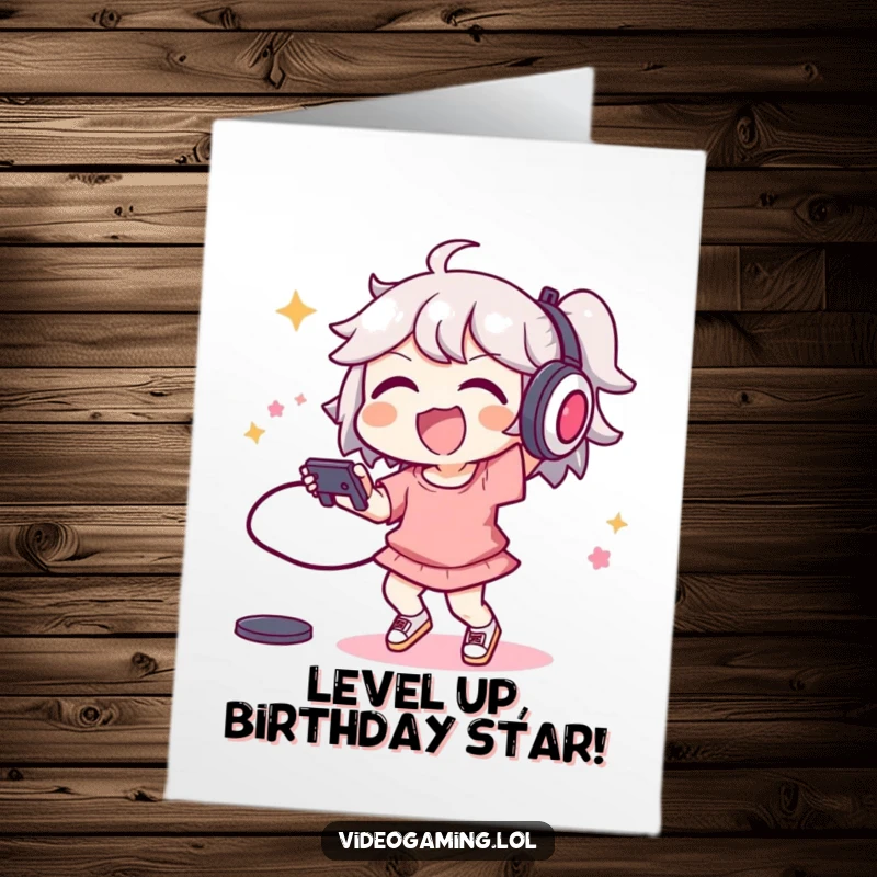 Funny Free Printable Birthday Card: Joyful character strikes an energetic dance move, controller in hand, celebrating with gamer-fueled enthusiasm.