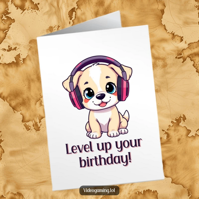 Funny Free Printable Birthday Card: A playful puppy wears oversized gaming headphones, focused on the game.