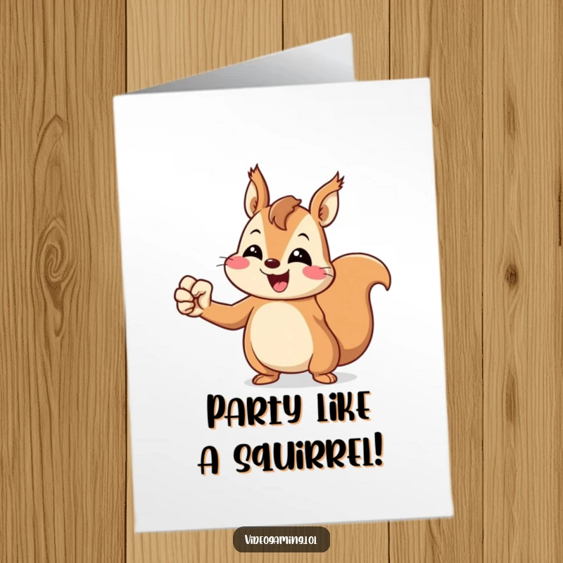 Funny free printable birthday card: Cheerful squirrel pumps its fist in victory, wishing you a happy birthday.