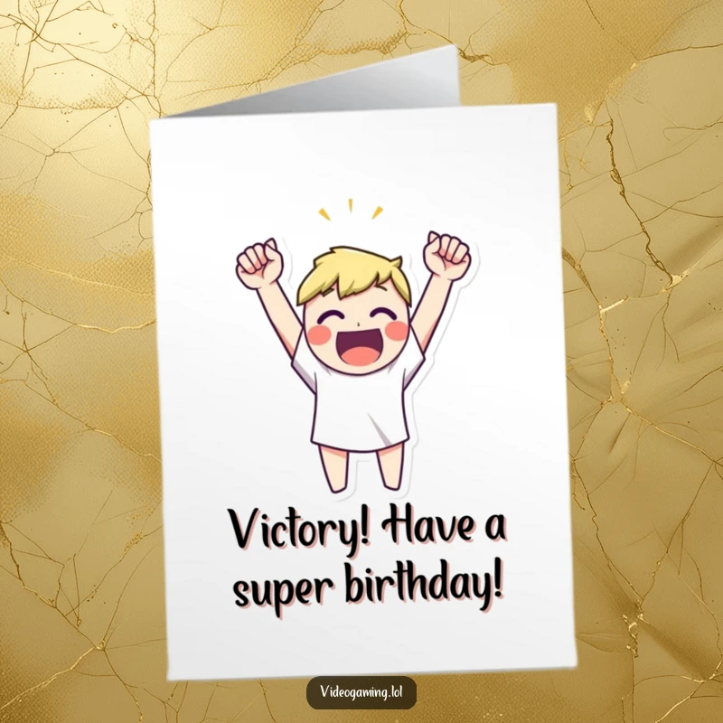 Funny free printable birthday card featuring a happy character triumphantly raising arms high in celebration of their big day.