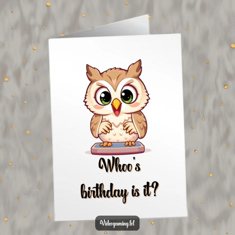 Funny free printable birthday card: Joyful owl intensely plays a game with wide, focused eyes, celebrating your birthday.