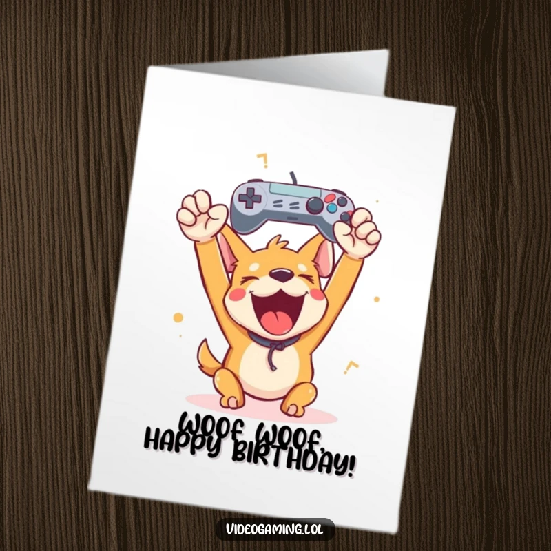 Funny Free Printable Birthday Card: Happy dog cheering wildly holding a game controller. Gamer downloadable gift.