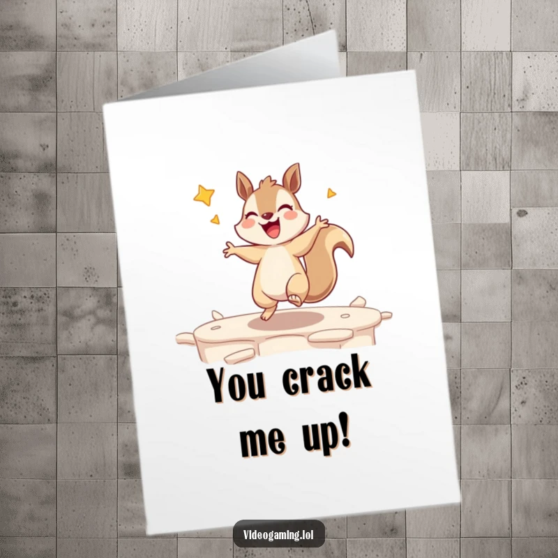 Funny Free Printable Birthday Card: A giggling squirrel dancing triumphantly after winning a video game level, pure joy.