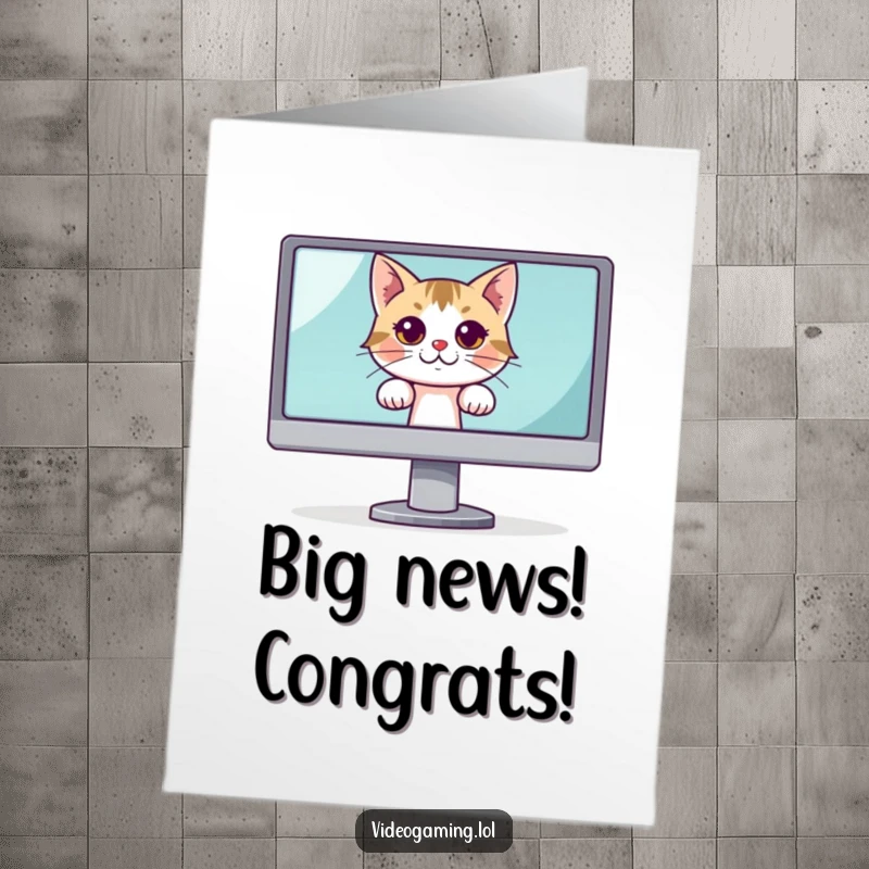 Funny Free Printable Congrats Card with a curious cat peeking from behind a large monitor, an intriguing downloadable gift.
