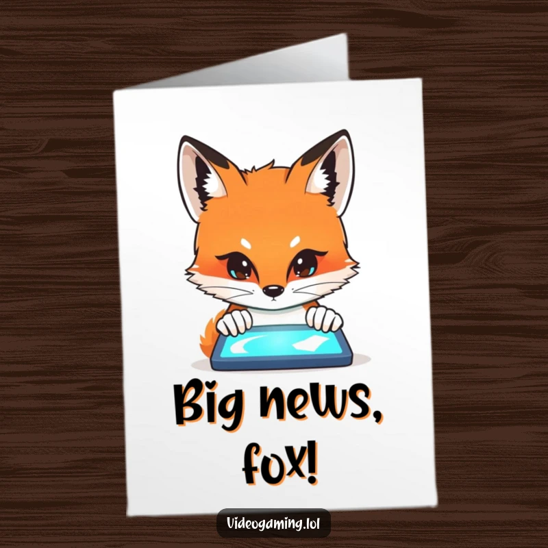 Funny Free Printable Congratulations Card: Curious fox mesmerized by a glowing laptop screen, celebrating tech success humorously.
