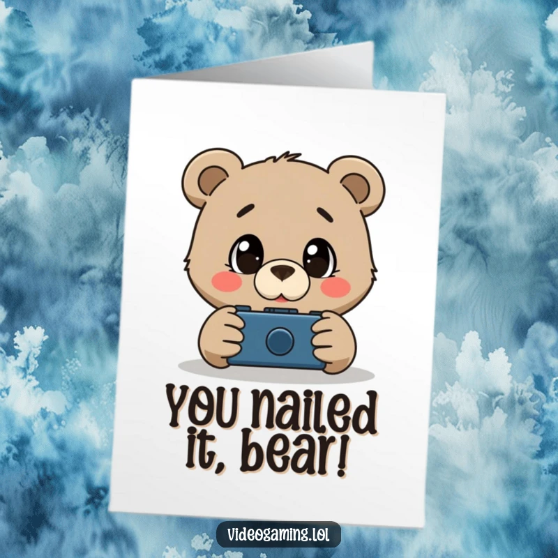 Funny Free Printable Congratulations Card: A bear wide-eyed at a game, expressing amazement and awe, great for wins.