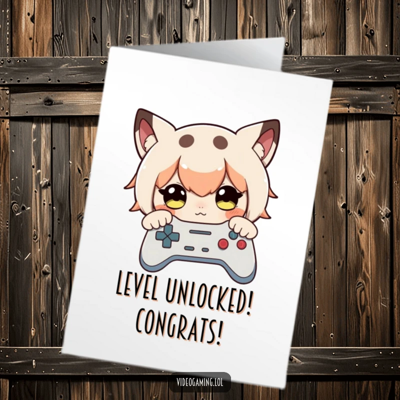 Funny Free Printable Congrats Card: Curious character gazes intently at a game controller, anticipating the next winning move.