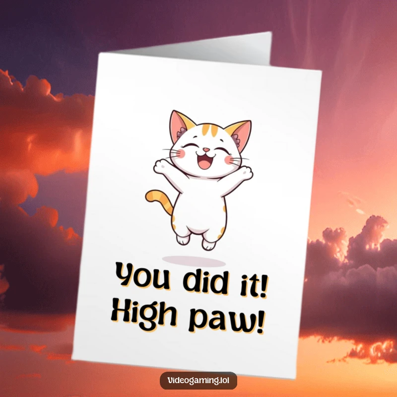 Funny Free Printable Congratulations Card: Cheerful cat jumping excitedly, celebrating success, a perfect downloadable congratulatory message.
