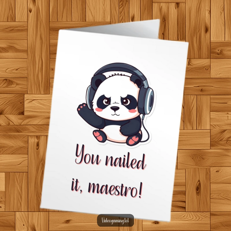 Funny Free Printable Congratulations Card: Panda intently listening with headphones, celebrating achievement, a unique downloadable message.