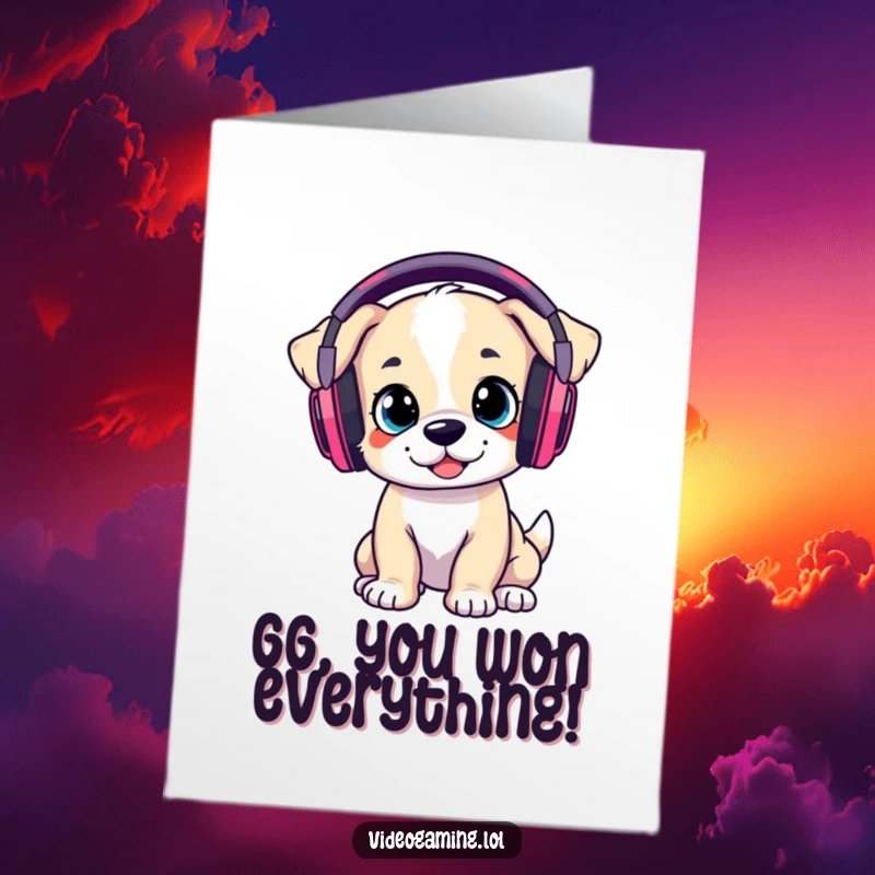 Funny Free Printable Congratulations Card: A playful puppy with large gaming headphones is engrossed in a game.